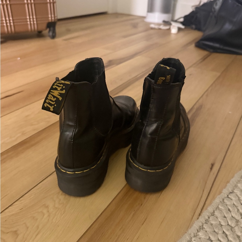 Dr. Martens Black Leather Platform Chelsea Boots with Yellow Stitching